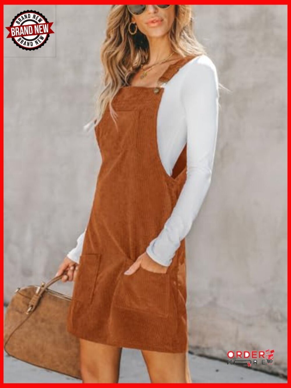 Corduroy Overall Mini Dress Square Neck Wide Strap Pockets Sleeveless - Picture 3 of 7